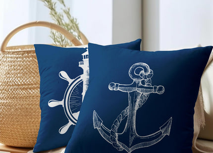 Coastal Navy Blue Throw Pillow Covers 16x16 Set of 2 Nautical Anchor Lighthouse Decorative Pillow Cases Summer Ocean Theme Cotton Linen Cushion Cover for Home Sofa Couch Bed Decor