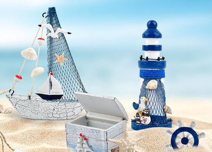 OTYMIOW 7PCS Mini Wooden Nautical Home Decor, Mediterranean Style, Wooden Mini Lighthouse, Anchor, Fish Hanging, Box, Chair, Sailboat Model for Decorating Room, Aquarium, Christmas Tree, Fish Tank
