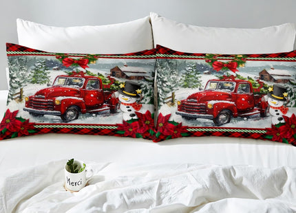 Homewish Christmas Truck Duvet Cover Set Twin Size Kids Girls Boys Red Plaid Decor Pine Tree Bedding Set 2pcs Winter Snow Comforter Cover Happy New Year Quilt Cover,1 Pillowcase (No Comforter)