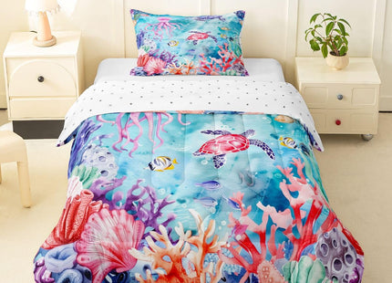 Erosebridal Blue Ocean Seaworld Toddler Comforter Set Marine Life Bedding Set for Kids Boys Girls Octopus Sea Turtle Duvet Insert Seashell Coral Underwater World Bedroom Decor 2 Pcs