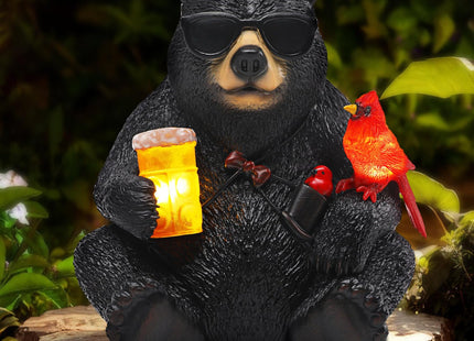YHSOLAR Solar Black Bear Statue for Garden with Beer and Cardinals