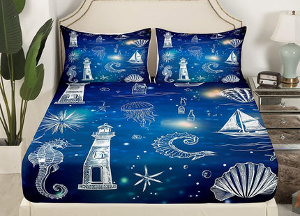Lighthouse Bed Sheets Blue Ocean Theme Sketch Fitted Sheet for Kids Boys Teens,Nautical Sailboat Bedding Sets Steering Wheel Goldfish Jellyfish Bedding Decor Set Drift Bottle Octopus Room Decor Twin