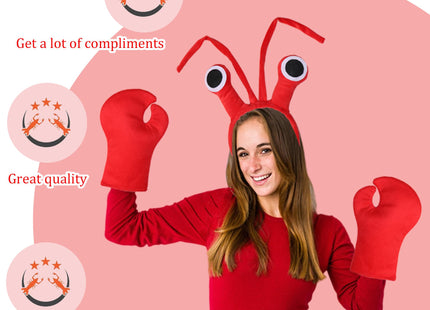 Crawfish Headband Lobster Claw Gloves, Sea Ocean Costume Accessory Red