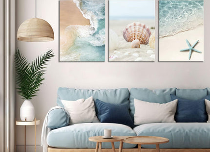 3pcs Beach Coast Canvas Wall Art Summer Beach Ocean Waves Shells Starfish Print Decoration Painting Blue Ocean Posters Prints for Living Room Bedroom Kitchen Sea View Room Wall Decor 16×24Inch