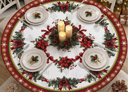 YOPINCO 54 Inch Round Christmas Tablecloth, Holly Poinsettia Holiday Table Cover, Water Resistant Polyester Tablecloth for 45-50 Inch Round Dining Tables, Stain Resistant Christmas Decor