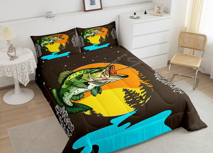 Erosebridal Big Pike Fish Bedding Set for Kids Boys Girl Fishing Hunting Comforter Set Toddler Country Woodland Adventure Bedding Comforter Sets Farmhouse Hunter Cabin Duvet Insert Animal Theme Quilt