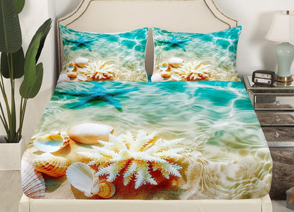 Erosebridal Ocean Bed Sheet Set Blue Beach Fitted Sheet Coastal Nature Theme Pattern Bed Sheet Set for Kid Child Boys Girls Bedroom Decor 1 Pillowcase (Teal,Green,Twin,Not Include Flat Sheet)