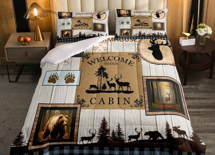 Rustic Bear Moose Quilt Full Size,Countryside Rural Hunting Theme Duvet Insert for Men Women Adults,Retro Farmhouse Wood Plank Comforter Set,Woodland Animal Cabin Lodge Inner Fill Bedding,3Pcs