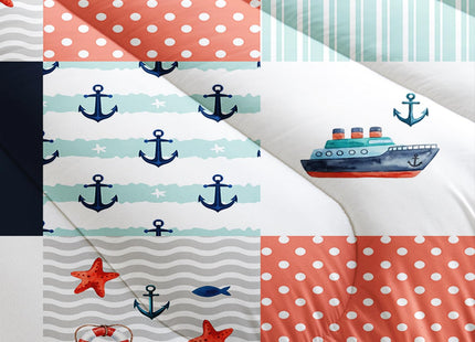 HOSIMA Nautical Bedding Set,Plaid Patchwork Pattern Hand Painted Seaplane,Boat and Anchor Comforter for Boys Kids Girls Bedroom Decor,Sea Adventure Theme Twin Comforter with 2 Pillowcases.