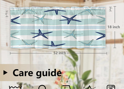 BaoNews Coastal Navy Blue Blackout Kitchen Curtain, Coastal Starfish Repeat Pattern Navy Blue Turquoise Window Treatment Rod Pocket Light Filtering Bathroom Short Valance 1 Pack 52X18 Inches