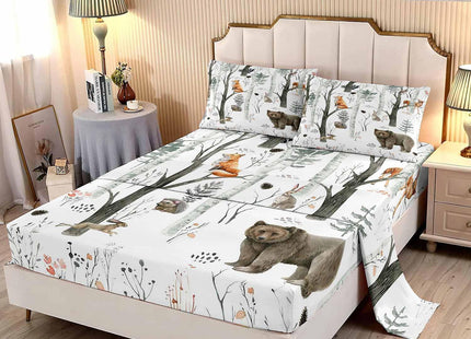 LUVIVIHOME 4PCS Woodland Animals Sheets Set, Queen Bed Sheets, White Sheets, Boys Girls Kids Bedding, Bear Deer Fox Forest Animal Lodge Cabin Bedding Set, 1 Fitted Sheet & 1 Flat Sheet & 2 Pillowcases