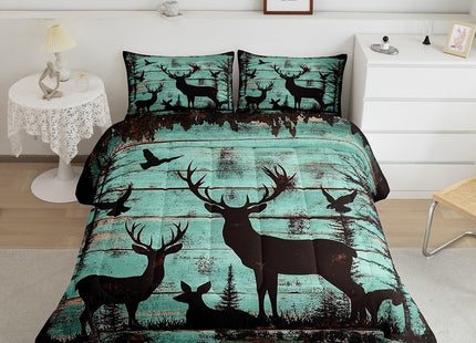Deer Hunting Comforter Set Full Size,Elk Anlter Hunter Quilt for Men Boys Adults,Farmhouse Camping Home Bedroom Decor Wooden Pine Trees Duvet Insert Woodland Wildlife Silhouette Bedding Set,3Pcs
