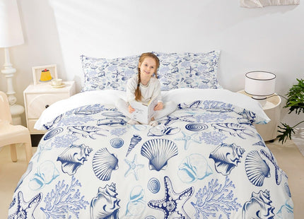 Coastal Duvet Cover Set Full Size,Beach Seashell Starfish Coral Bedding Set 3Pcs,Sea Ocean Theme Comforter Cover for Kids Teens Adult Bedroom Decor,Navy Sketch Nautical Quilt Cover,2 Pillowcases