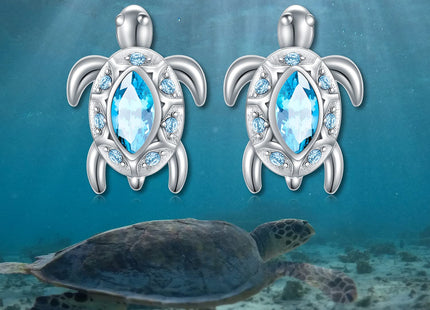 Sterling Silver Sea Turtle Studs with Simulated Aquamarine Birthstone, Sea Turtle Jewelry Gifts for Women