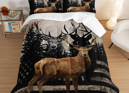 HOSIMA Snowy Forest Deer Comforter Set with 2 Pillowcases,Camo American Flag Twin Bed in a Bag Hunting Bedding Set for Teen Mens Bedroom Essentials,Wildlife Elk Comforter Boys Room Decor.
