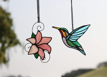 HAOSUM Stained Glass Birds Window Hangings, Stained Glass Hummingbird Decorations,Bird Suncatcher for Window Decor Hummingbird Gifts for Mom,Bird Lovers
