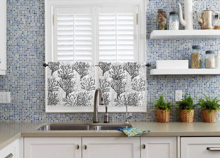 Hokiten Black Gray Coral Coastal Curtains Valance and Tier Set, Beach Nautical Rod Pocket Tier Curtain 24 Inch Length, Summer Small Window Treatment Panel Drapes for Kitchen Sink, 54" x 18"+55" x 24"