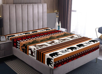 Western Sheet Set Full,Tribal Rustic Cabin Fitted Sheet for Boys Teens,Abstract Bear Elk Deer Bed Sheets Exotic Aztec Geometric Floral Bed Cover Woodland Wild Animal Room Decor,Brown