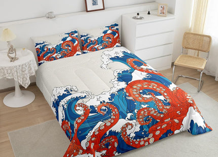 Homewish Octopus Comforter Set,Blue Waves Bedding Set for Kids Girls Women,Adults Sea Animals Comforter,Ocean Theme Quilted Duvet Set Bedroom Collection Twin Size 2Pcs