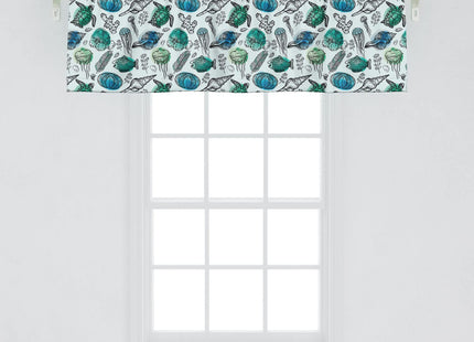 Lunarable Sea Turtle Window Valance Pack of 2, Nautical Pattern of Continuous Shells Corals Jellyfish, Rod Pocket Curtain Valances for Kitchen Bedroom, 54" X 18", Blue Black