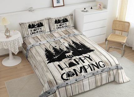 Rustic Farmhouse Quilt Set Twin Woodland Travel Camper Theme Bedding Set For Rv Bunks,Happy Camping Comforter Set For Kids Adults Wild Animal Deer Pine Tree Decor Duvet Insert 1 Pillow Case