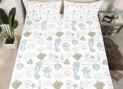 Coastal Fitted Sheet Twin Size,Beach Seashell Starfish Coral Bedding Set