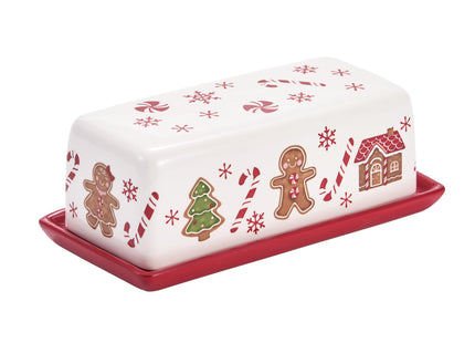 Bico Traditional Gingerbread Man Ceramic Butter Dish with Lid, Wide Butter Keeper for Counter, Kitchen Countertop, Microwave and Dishwasher Safe