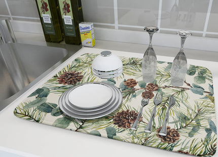 Winter Christmas Dish Drying Mat for Kitchen Counter 18x24 Evergreen Leaves Pinecone Holiday Theme Absorbent Reversible Microfiber Drying Mats Kitchen Countertop Protector Dishes Drainer Pad