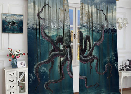SHElifestyle Nautical Octopus Curtains, Octopus Tentacles Sea Sailboat Window Treatments Rustic Kraken Night Ocean Window Drapes for Bedroom Living Room Kitchen 63x72in