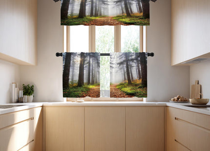 BaoNews Brown Nature Forest Blackout Kitchen Curtain, Green Fog Window Treatment Rod Pocket Light Filtering Bathroom Short Valance 2 Pack 52X18 Inches