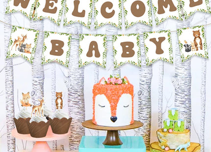 Woodland Animal Welcome Baby Banner, Woodland Creatures Banners Deer Rabbit Forest Animal Friends Garland Baby Shower Birthday Party Decorations
