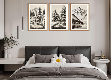 Vintage Sketch Pine Tree Mountain Framed Canvas Wall Art Set- 16"x24"x3