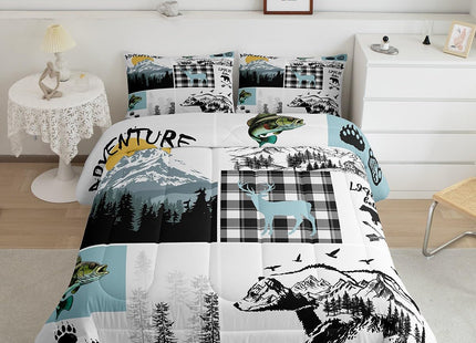 Cabin Bear Deer Bedding Sets Queen,Hunting Fishing Bass Fish Comforter Set Rustic Farmhouse Buffalo Check Plaid Quilt Comforter For Teen Boys Adults Men,Wild Animal Duvet 2 Pillow Cases Grey Blue