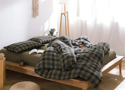 MKXI Queen Triple Gauze Duvet Cover Set 3-Piece Deep Green Blue Plaid Bedding, Rustic Lodge Cabin Linen-Like Breathable Cotton Comforter Cover with Zipper
