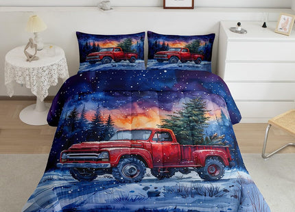 Red Truck Kids Comforter Set Twin Size,Christmas Tree Snowflake Bedding Set for Teens Boys Girls Room Decor,Woodland Nature Scenery Quilt Set 2Pcs,Merry Christmas Theme Duvet Insert,1 Pillowcase