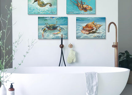 JZLDZS Ocean Life Blue Crab Octopus Seahorse Seashell Wall Art, 12x16 Inch