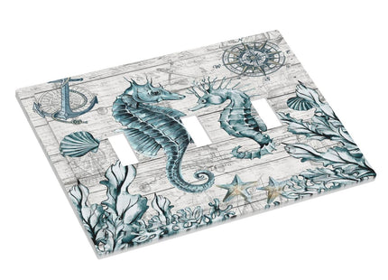 Seahorse Kelp Compass Anchor on Wooden Board 3 Gang Light Switch Covers Decorative Triple Toggle Wall Plate Electrical Faceplate Switchplate for Country Bathroom Bedroom Home Decor