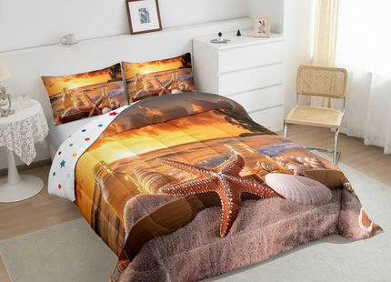 Starfish Comforter Set Boys Ocean Theme Bedding Twin Size, Shell Conch Beach Bedding Comforter Sets Seaside Hawaiian Vacation Style Duvet Insert 2 Pcs Soft Microfiber Quilt with 1 Pillowcase