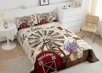 Erosebridal Western Farmhouse Quilt Bedding Sets Full Country Rustic Comforter Set for Cabin Lodge Cardinal Barn Lavender Windmill Duvet Insert Pastoral Rural Comforter 2 Pillow Cases Home Room Decor
