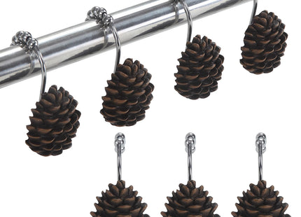 Brown Pinecone Shower Curtain Hooks, Rustproof Rustic Cabin Shower Hooks for Shower Curtain, 5 Roller Ring Balls Lodge Christmas Decorative Bathroom Curtain Hooks, Set of 12