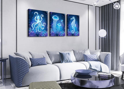 blue Ocean Life Theme Canvas Prints Wall Art Paintings for Living Room Wall Artworks Sea Animal sea horse Octopus jellyfish Pictures Bedroom Decorations 3 Panels Home bathroom Wall decor posters
