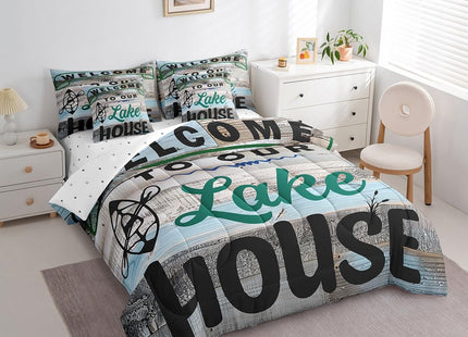 Erosebridal Rustic Boating Bedding Set Queen 7 Piece,Lake House Comforter Set with Sheet Set Farmhouse Lake Life Bed in A Bag for Kids Adults Country Wooden Board Bed Set Cabin Lodge Decor