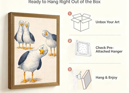 Framed Funny Seagull Wall Art Cute Bird Canvas Print Coastal Decor