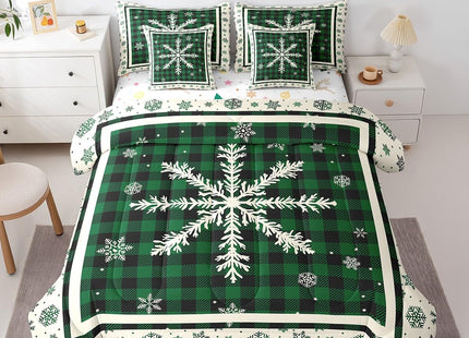 Erosebridal Rustic Plaid Snowflake 7 Piece Comforter Set Twin Green Black Christmas Bed in A Bag with Sheets Farmhouse Buffalo Checkered Bedding Set for Kids Adults,Winter Holiday Cabin Bed Set
