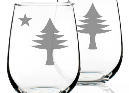Bevvee Old Maine Flag Stemless Wine Glass for Mainers - 17 oz - Set of 2
