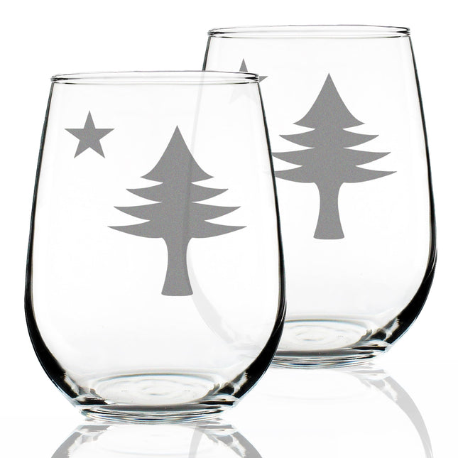 Bevvee Old Maine Flag Stemless Wine Glass for Mainers - 17 oz - Set of 2
