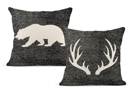 Aowced Throw Pillow Covers Set of 2, Black and White Rustic Deer Bear Farmhouse Home Decorative Throw Pillow Cases Cushion Covers for Sofa Couch Bed, 18x18 Inch