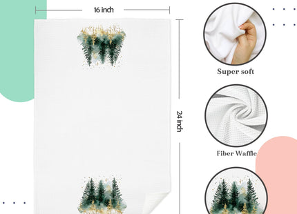 IAFQWDS Christmas Tree Kitchen Towels, Green and Gold Pine Tree Christmas Dish Tea Towels, Xmas Winter Forest Decorative Hand Towel for Bathroom Kitchen, 16x24 Inch