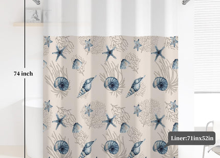 NAEMBCU No Hook Coastal Shower Curtain with Snap-in Liner 71x74 Inch