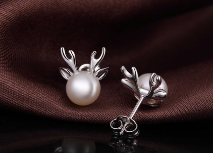 Silver Deer Reindeer Stud Earrings for Women 925 Sterling Silver Deer Pearl Earrings 8mm Deer Christmas Jewelry Han han